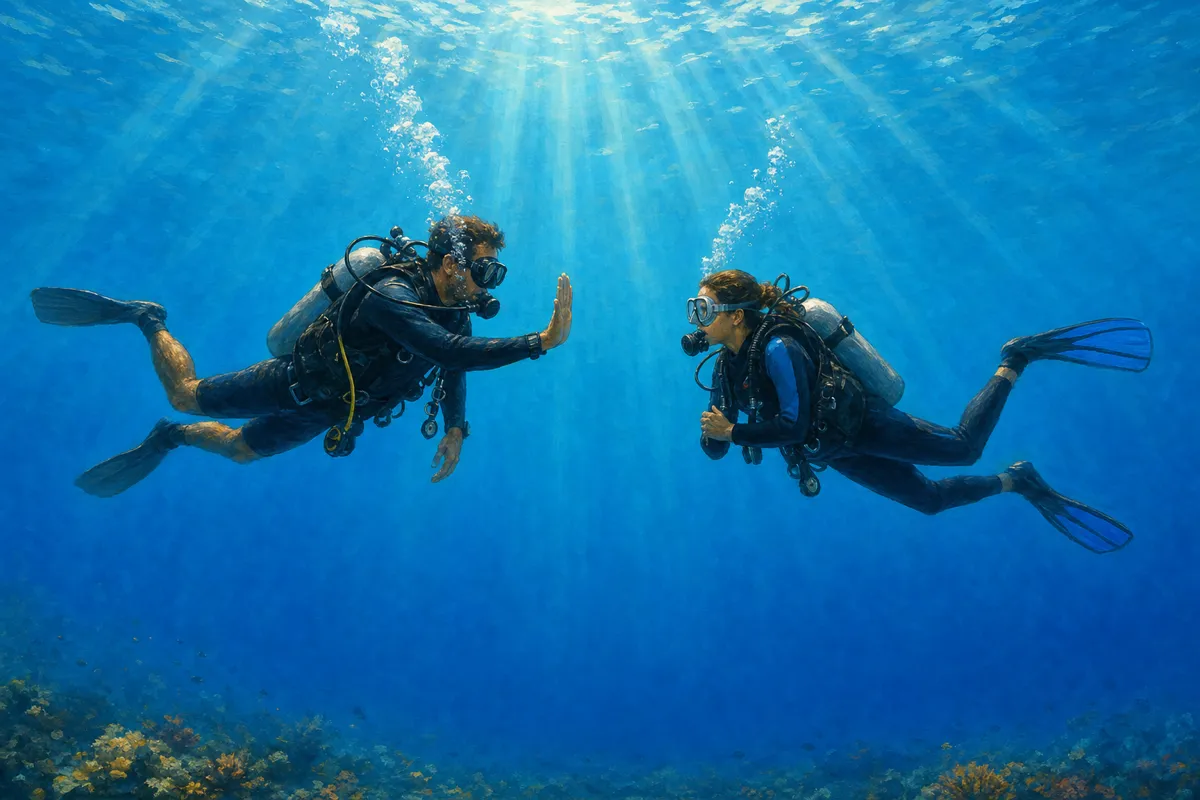 Dive instructor demonstrating the stop hand signal to a student underwater