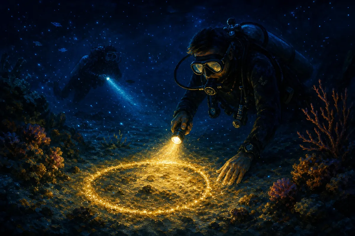 Diver drawing a slow circle with a dive torch to signal OK on a night dive