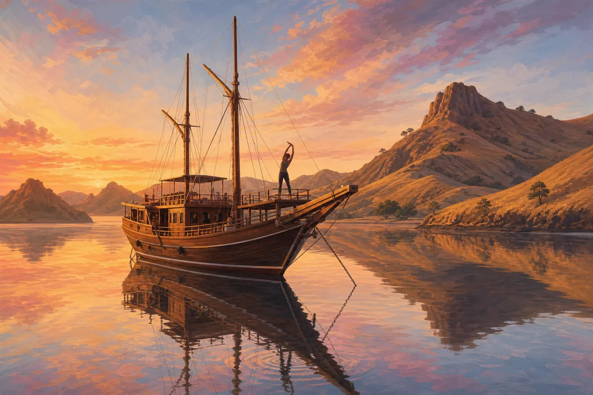 Liveaboard resting in a glassy calm Komodo anchorage at dawn with hills reflected in still water