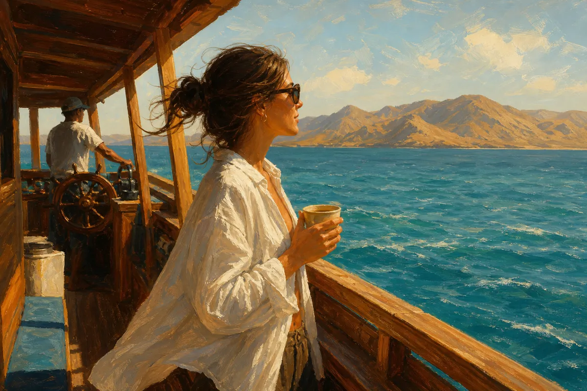 Traveler standing at the bow of a wooden boat watching the horizon over calm Komodo waters