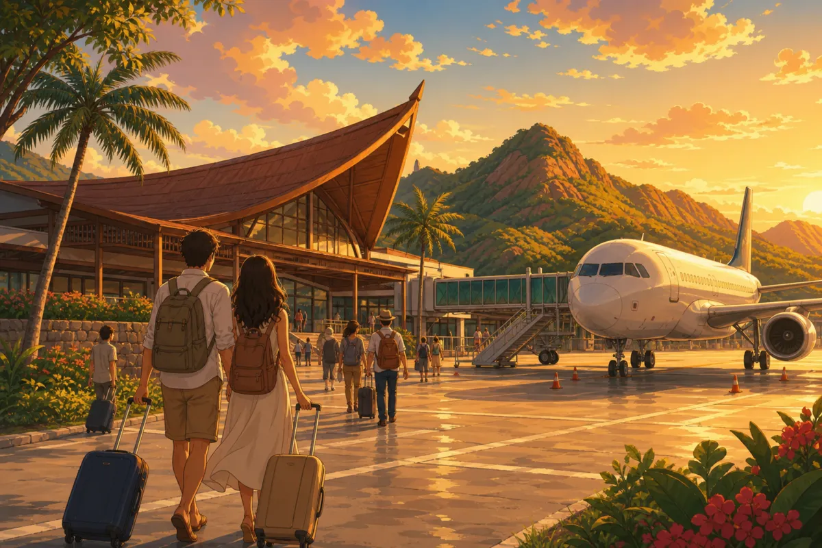 Travelers arriving at Labuan Bajo airport with tropical hills in the background