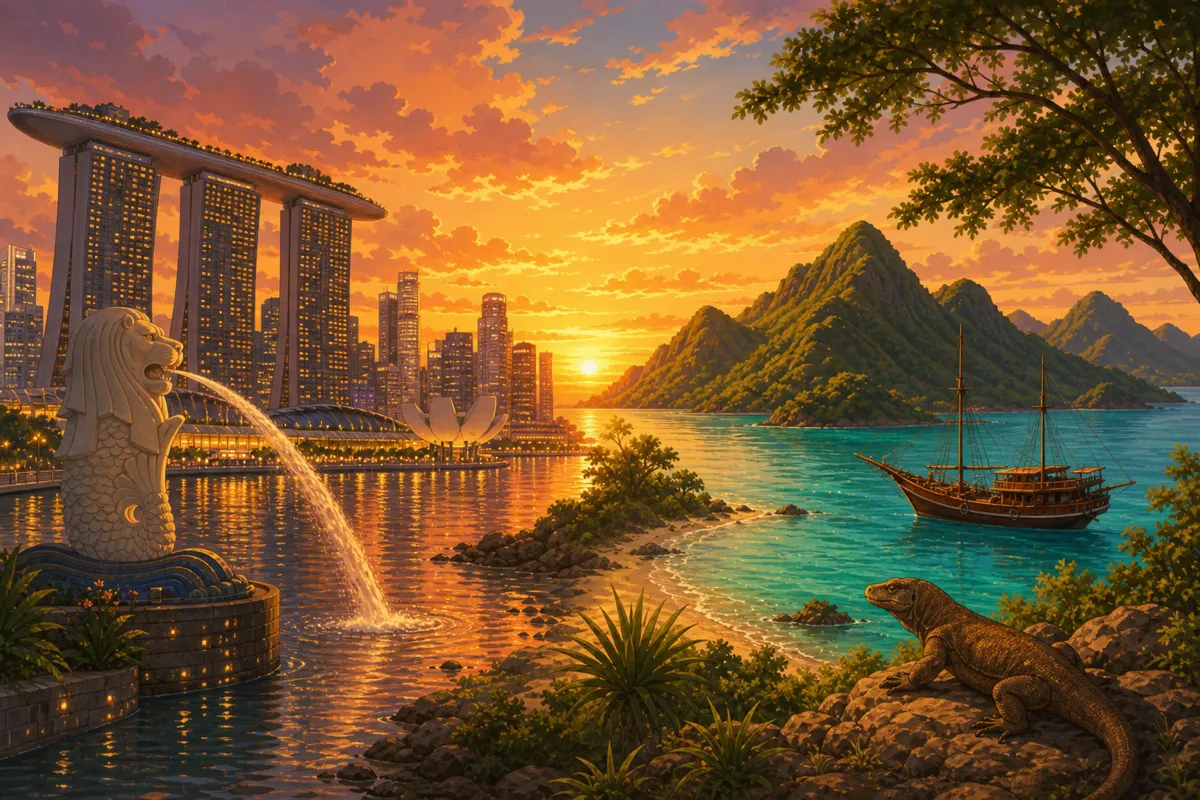 Illustration showing Singapore skyline transitioning to Komodo Island tropical landscape