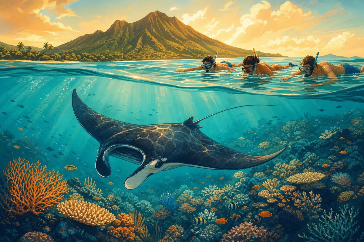 Manta ray gliding over coral reef in Komodo National Park with snorkelers visible on the surface above