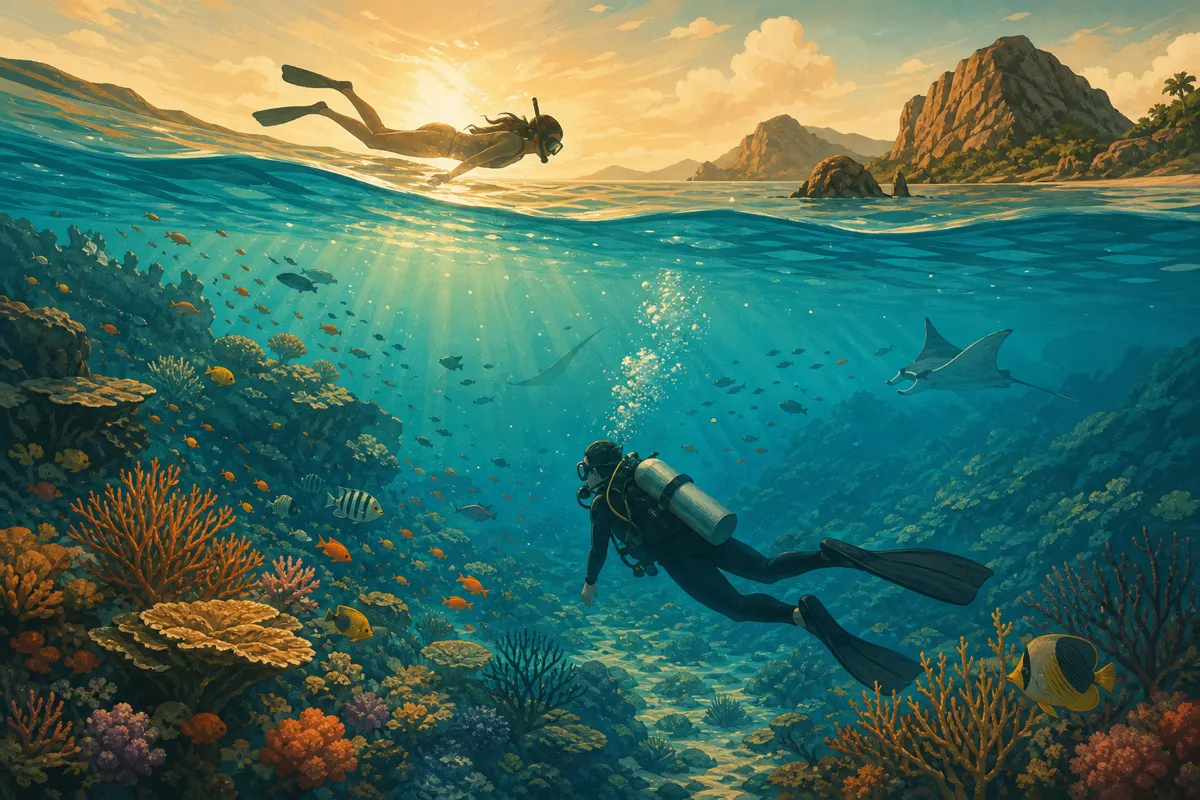 Split view comparison of snorkeling on the surface and scuba diving on a coral reef in Komodo National Park