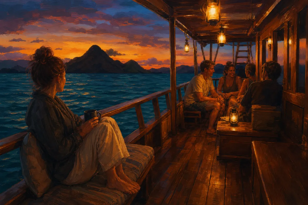 Solo traveler sitting alone on the deck of a wooden boat watching Komodo islands at sunset