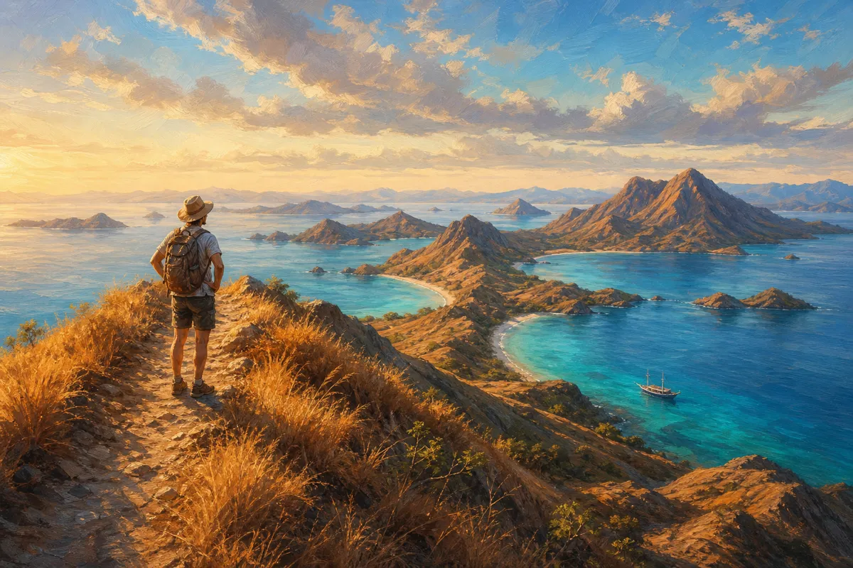 Solo hiker on a ridge trail above Komodo National Park with islands and turquoise bays below