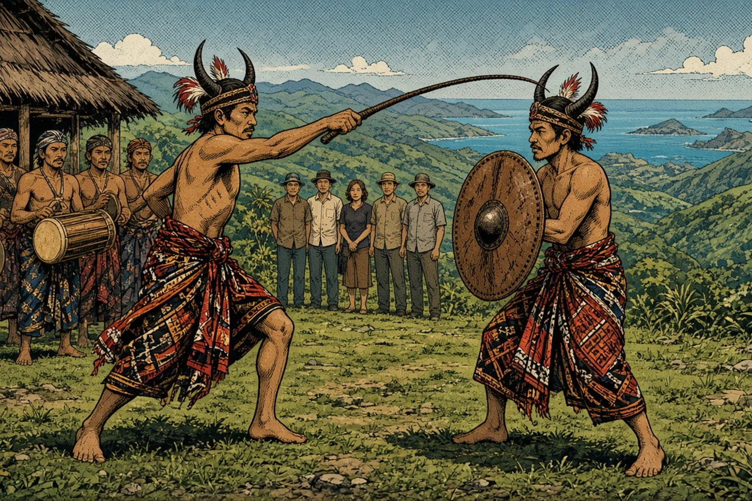 Illustrazione tratta da un romanzo grafico raffigurante una danza del frustino “caci” nel villaggio di Melo, sopra Labuan Bajo, con due ballerini Manggarai, gli abitanti del villaggio e le isole sullo sfondo