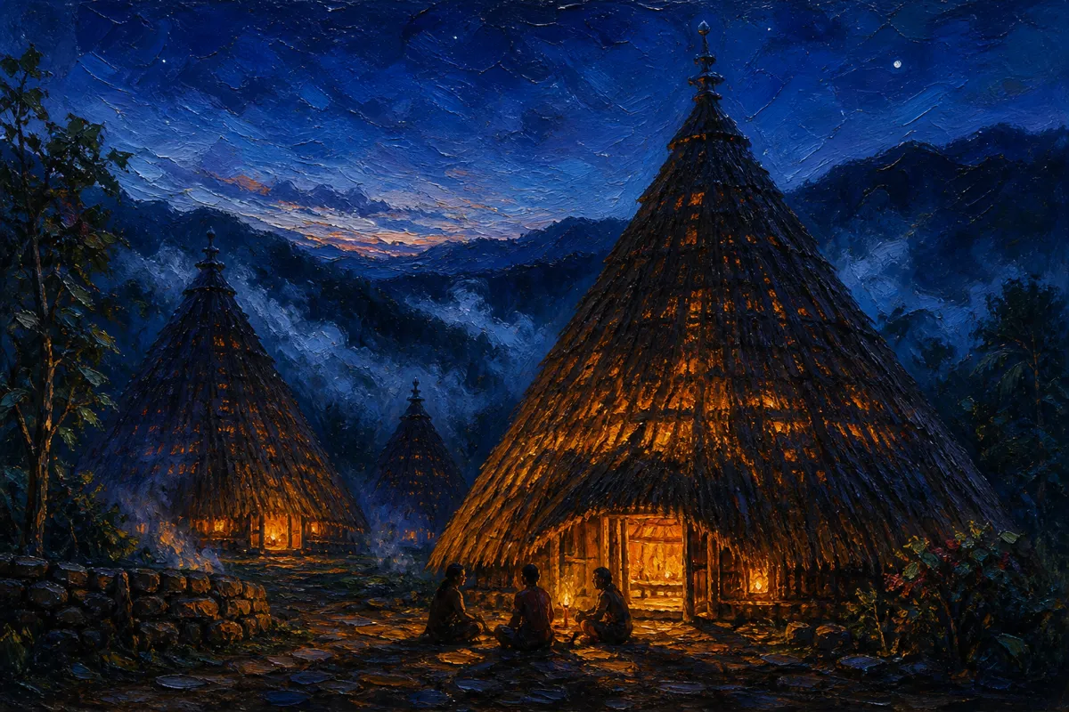 Conical thatched Mbaru Niang houses at Wae Rebo glowing with warm lamplight at dusk, with mist drifting between them and villagers sitting by a doorway