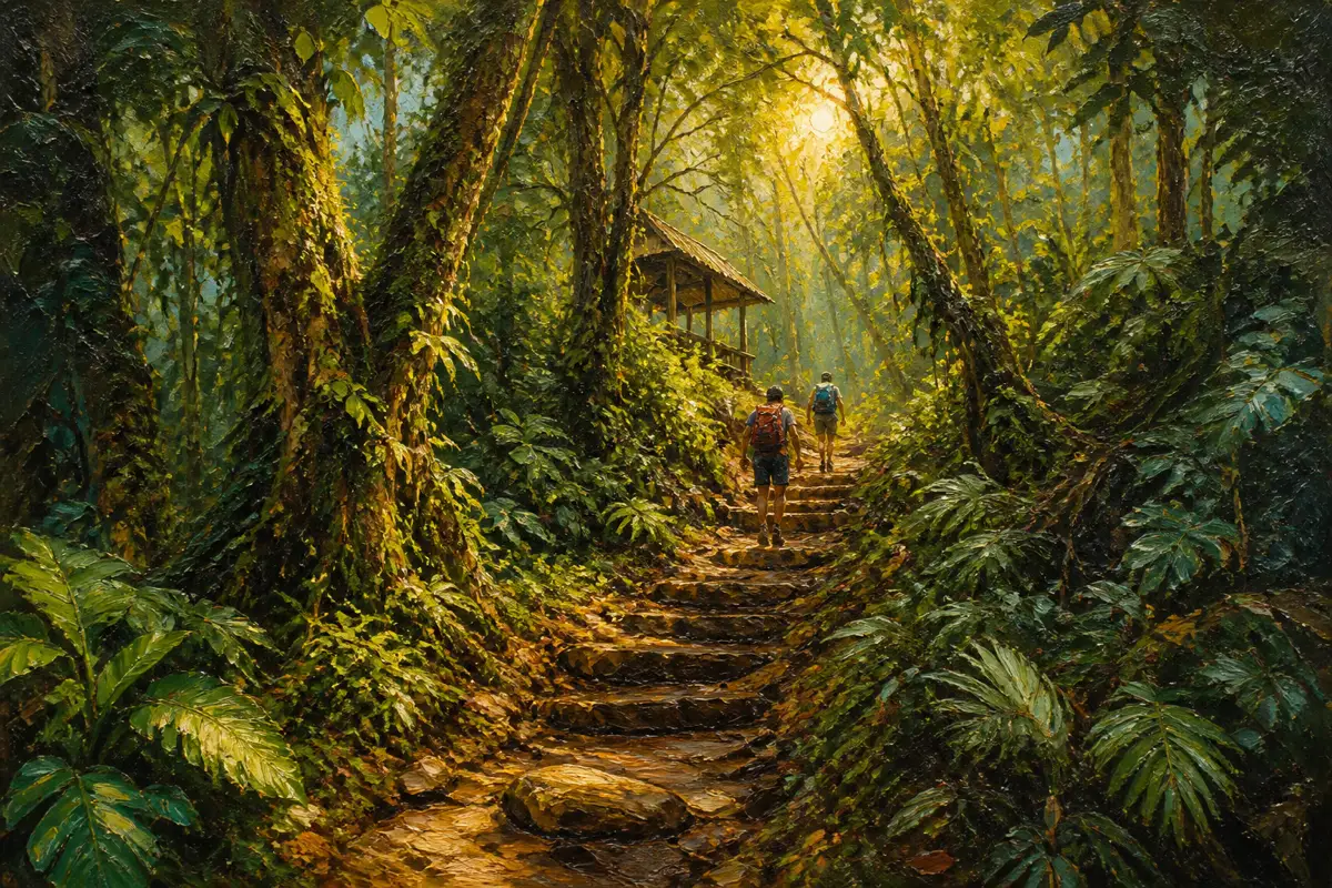 Steep rainforest trail with natural stone steps climbing toward Wae Rebo village in the Flores highlands, with two trekkers and a rest shelter ahead