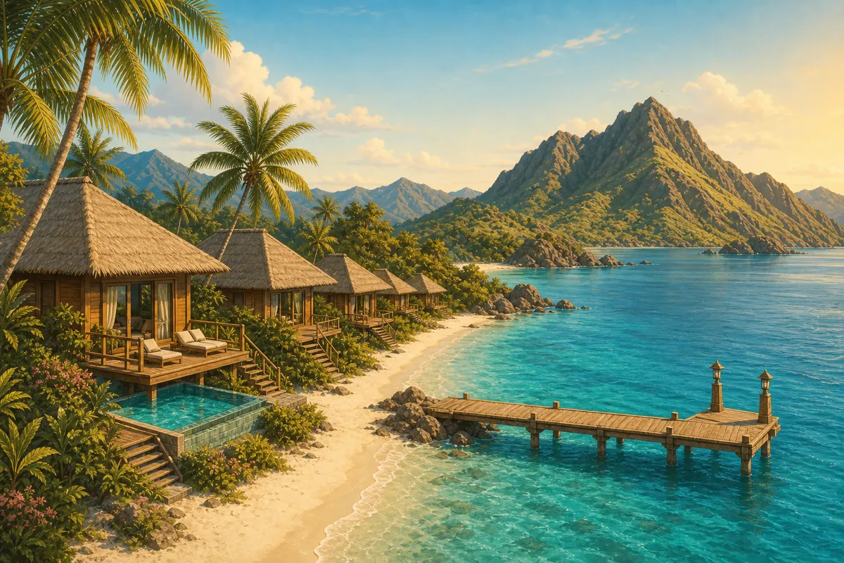 Beachfront bungalows at an island resort in Komodo National Park