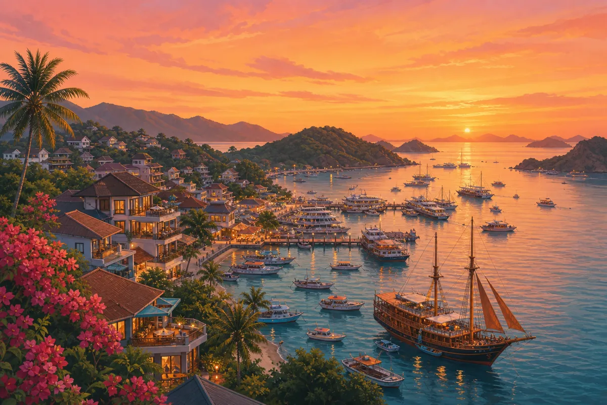 Labuan Bajo harbor at sunset with boats and hillside hotels