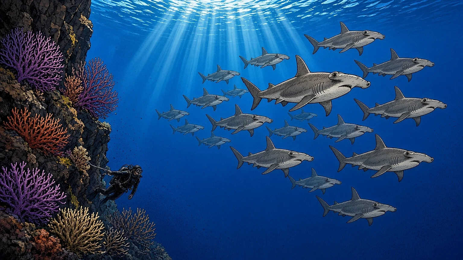 School of hammerhead sharks passing a diver on a volcanic wall