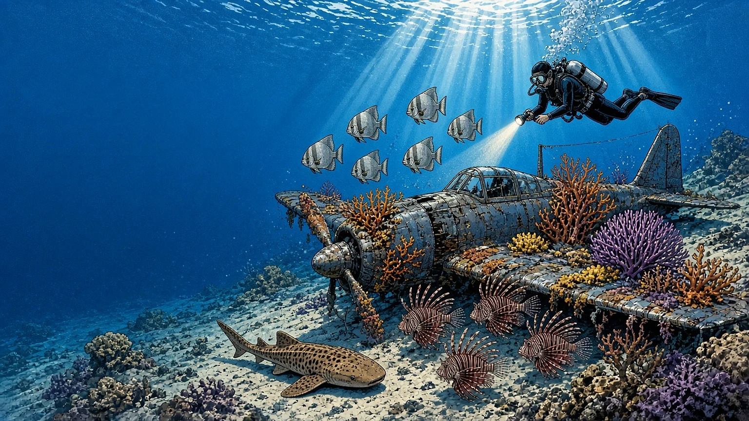 Diver above a coral-covered Zero wreck with a walking shark on the sand