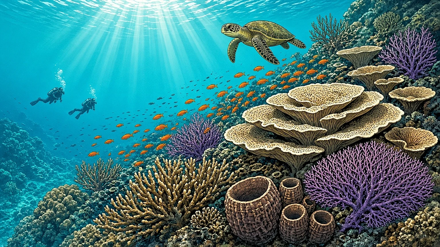 Turtle and anthias over table corals and sea fans on a clear-water reef