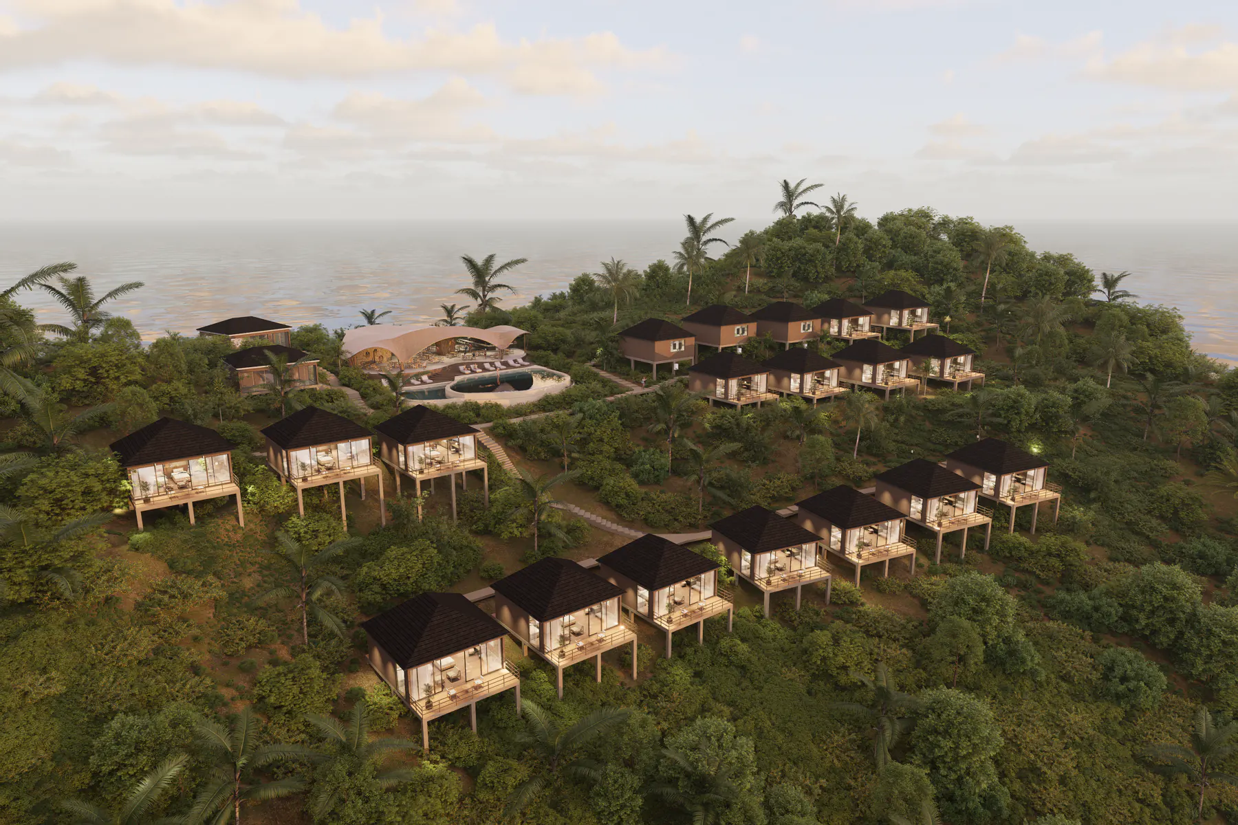 Aerial view of Hilltop Komodo Resort on the ridge of Sebayur Island
