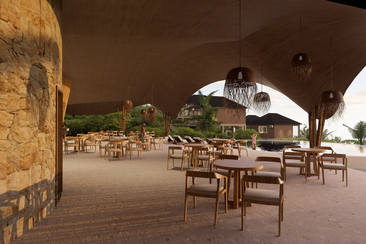 Dining tables on the terrace beneath the Hilltop Komodo Resort roof