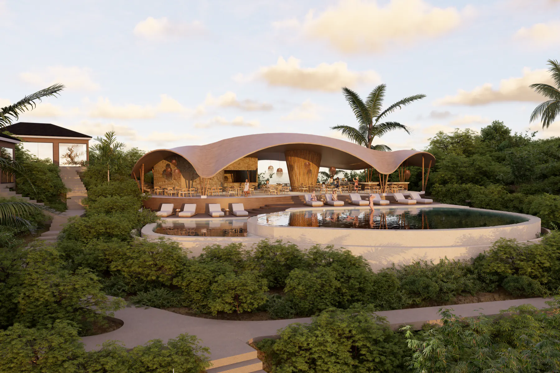 The infinity pool and restaurant pavilion at Hilltop Komodo Resort