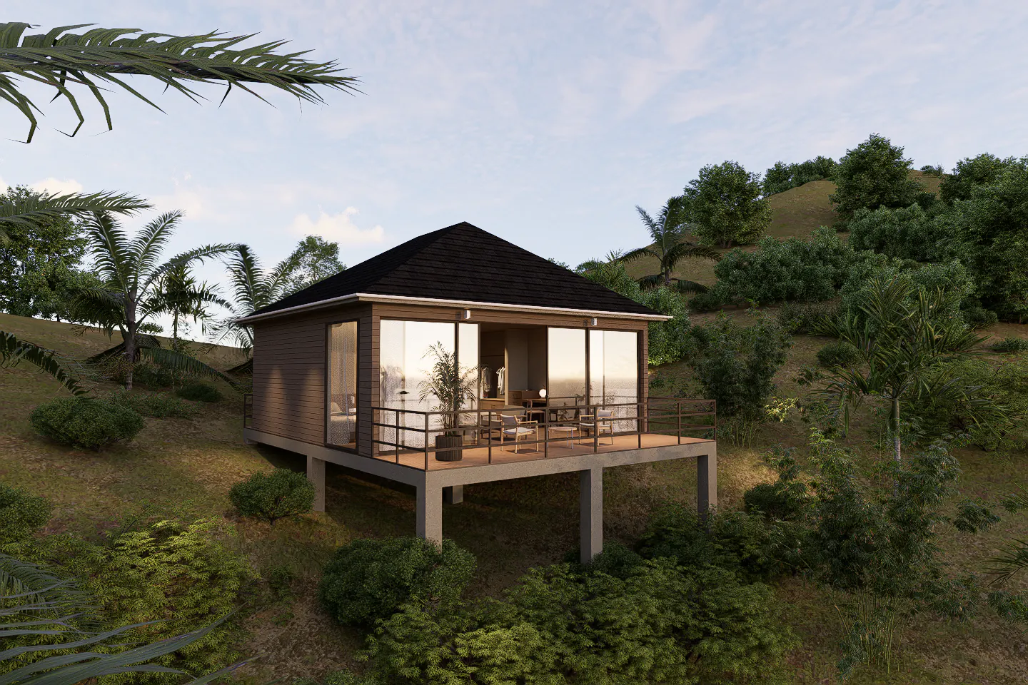 A Hilltop Sunrise bungalow raised on stilts above the trees