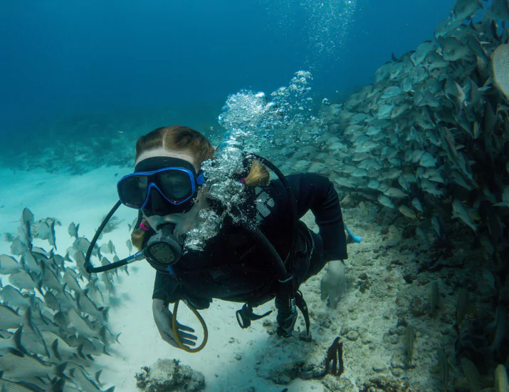 Diver drifting with fish schools at Shotgun dive site Komodo
