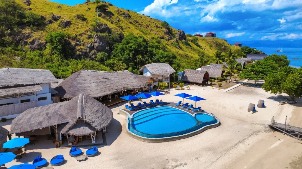 Aerial view of the new beachfront swimming pool at Komodo Resort